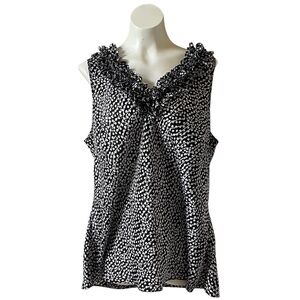 Spense Women's Size 1X Black Silver Dot  Sleeveless Ruffle V Neck Tunic Top